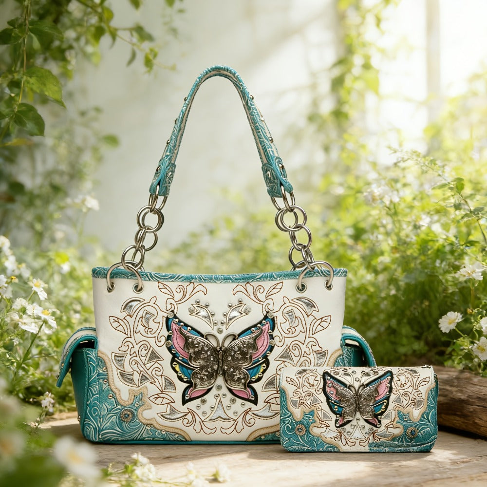 Women's Wallet – Adjustable Strap, Western Style Rhinestone Butterfly Flower – detail view 6