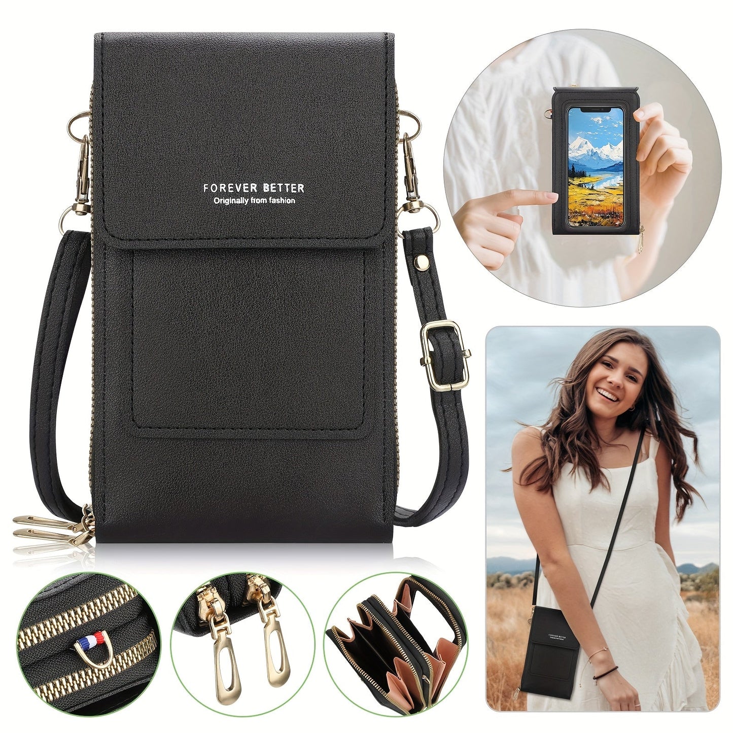 Women's Wallet – PU Leather, Mini, Adjustable Strap – front view - product view 10