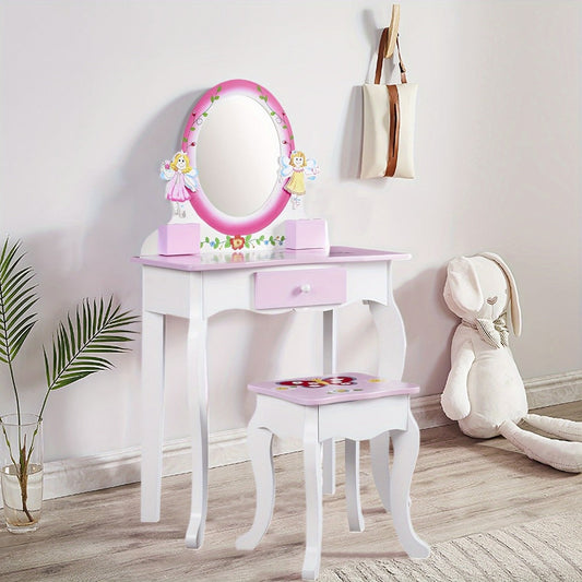 Kids Vanity Set, Girls Vanity Table Set with Mirror & Stool, Wooden Fairy Princess Makeup shown in the main product view