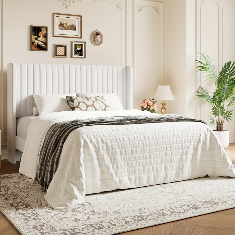 Bed Frame, Velvet Wingback Platform with Channel Tufted Headboard - Wooden Slats, No Box shown in the main product view