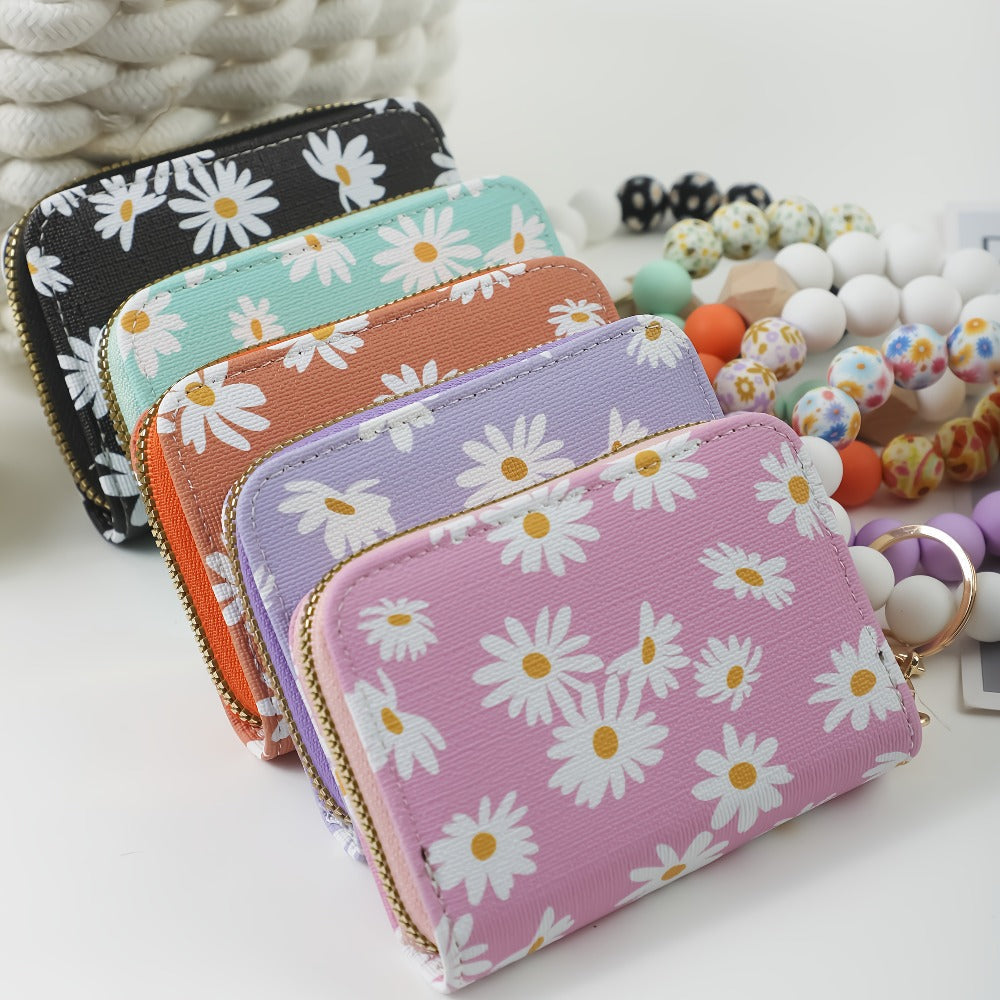 Wristlet Keychain - Card Holder - Daisy Beaded Accordion Zipper Pouch with Multi-Card Slots - main product view
