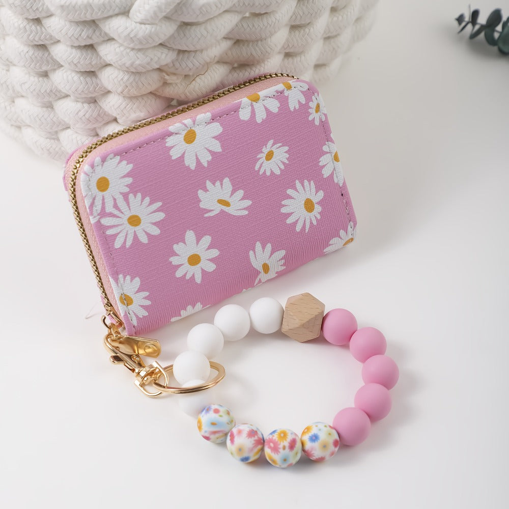 Wristlet Keychain - Card Holder - Daisy Beaded Accordion Zipper Pouch with Multi-Card Slots - product detail view 4