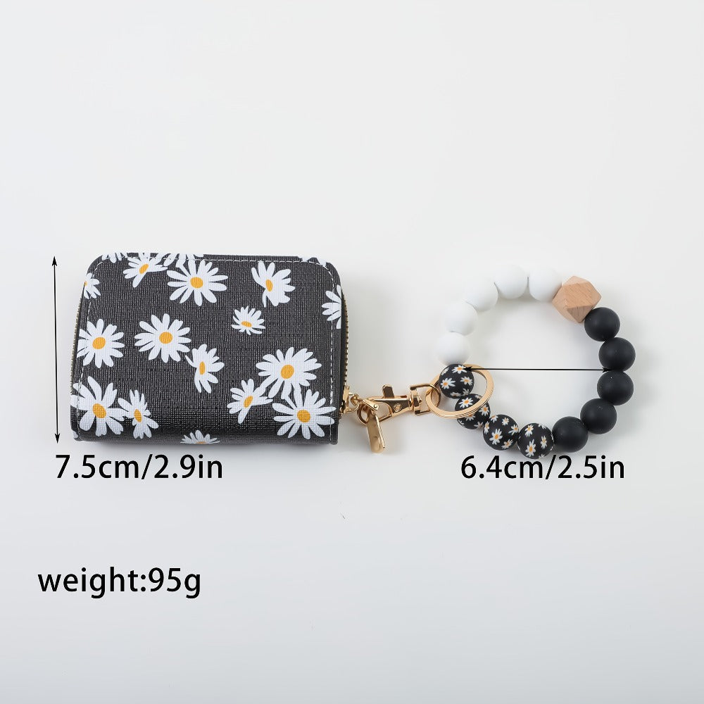 Wristlet Keychain - Card Holder - Daisy Beaded Accordion Zipper Pouch with Multi-Card Slots - product detail view 5
