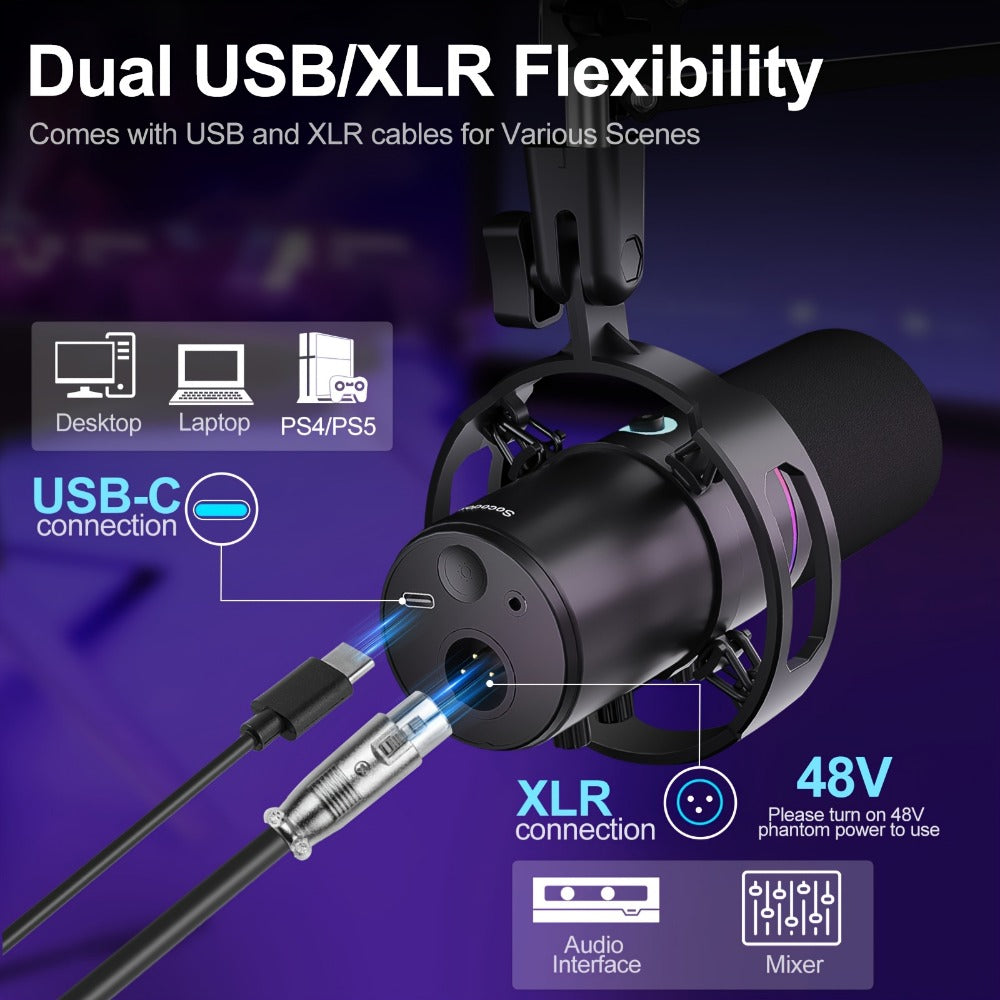 XLR and USB Dynamic Microphone Kit with RGB, Software and Boom Arm detail image - detail view 3