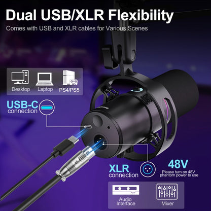 XLR and USB Dynamic Microphone Kit with RGB, Software and Boom Arm detail image - detail view 3